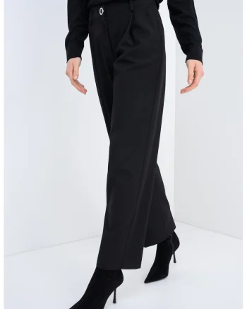 Pantaloni drepti cu talie inalta si pliuri frontale, Negru