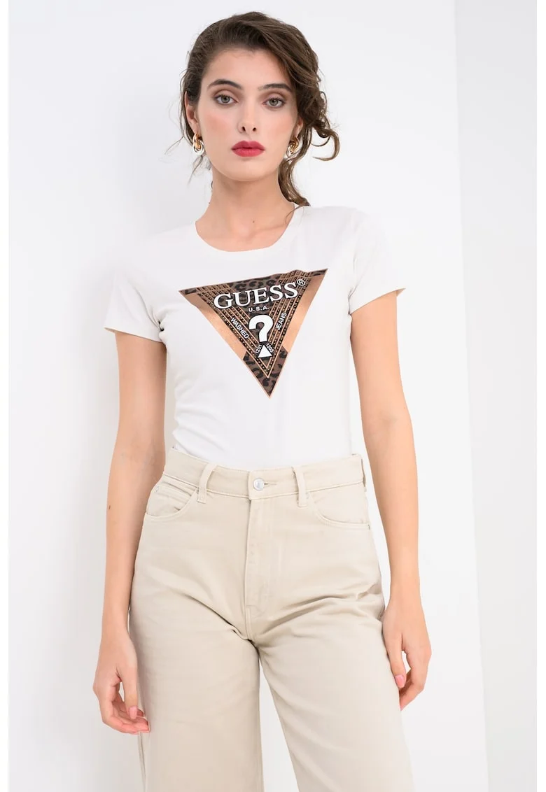 Tricou slim fit cu strasuri si logo, Crem