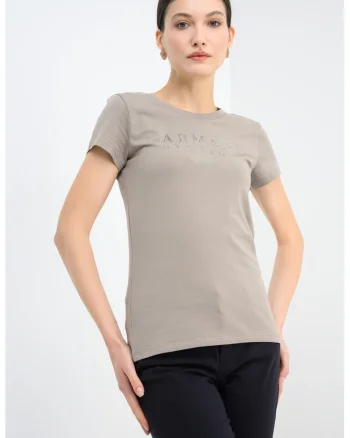 Tricou slim-fit decorat cu logo, Maro taupe/Argintiu