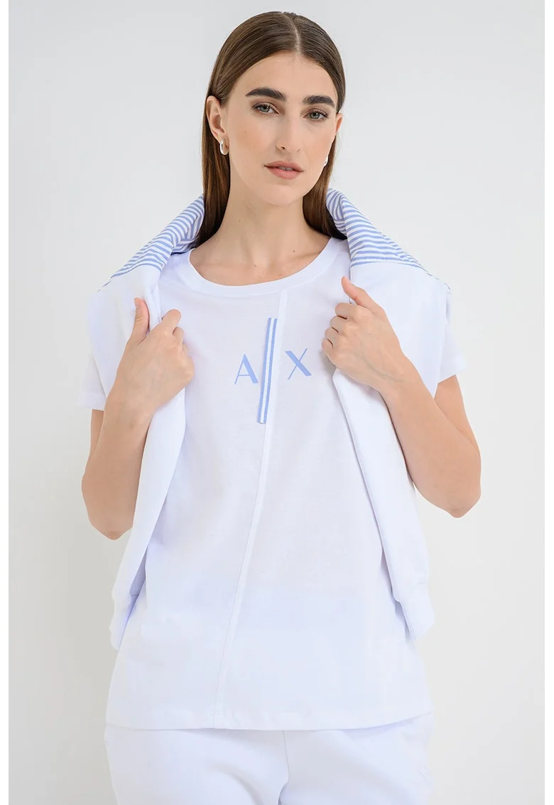 Tricou cu decolteu la baza gatului si imprimeu logo, Alb
