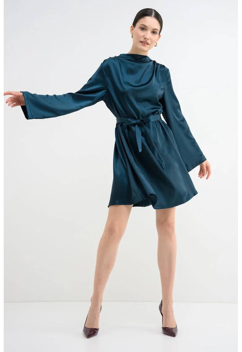 Rochie scurta cu maneci lungi si croiala lejera, Verde englez