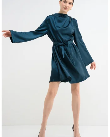 Rochie scurta cu maneci lungi si croiala lejera, Verde englez