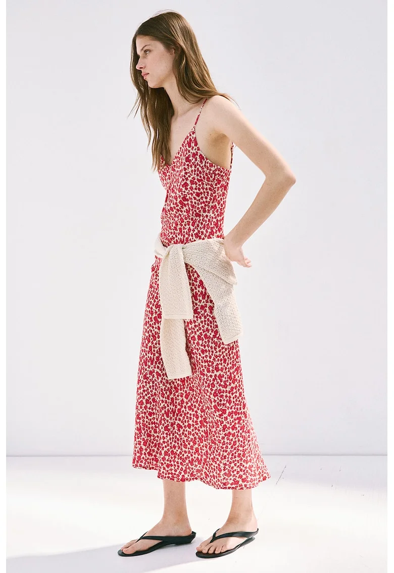 Rochie lunga cu model floral, Rosu/Alb