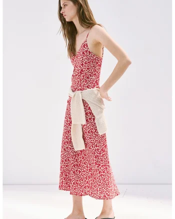 Rochie lunga cu model floral, Rosu/Alb