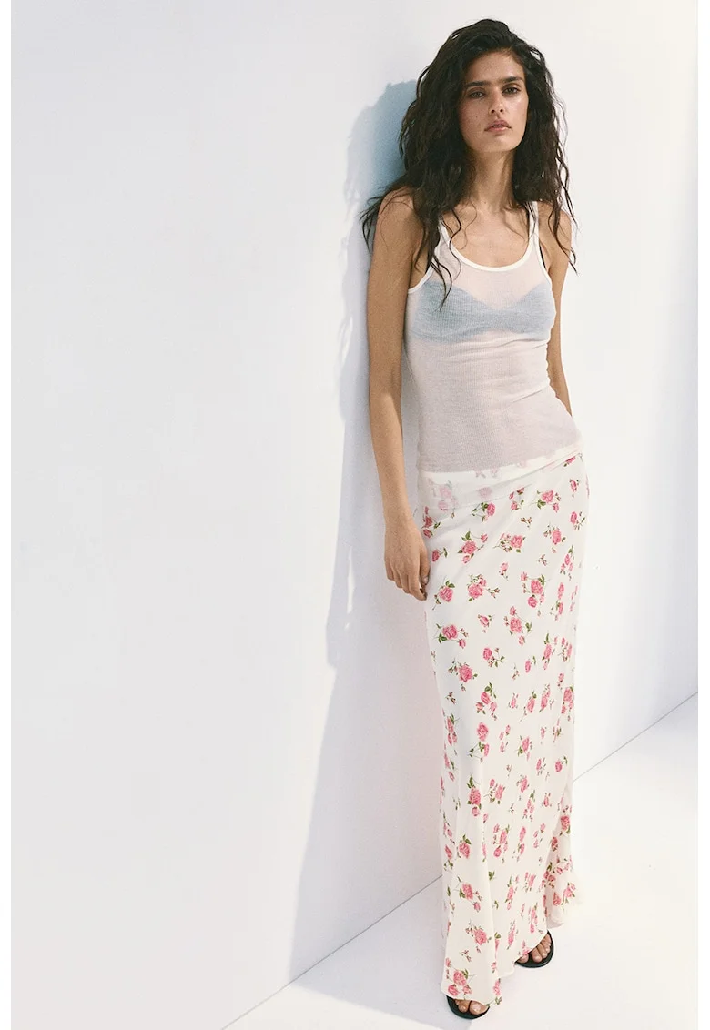 Fusta cu croiala dreapta si model floral, Alb fildes/Roz aprins