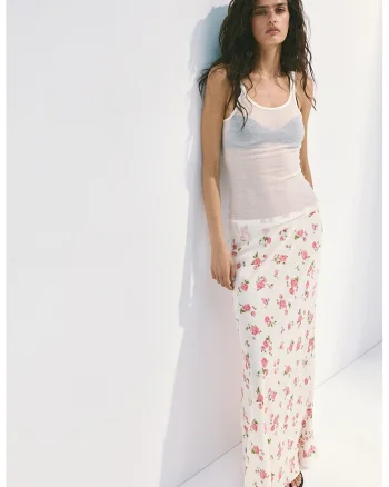 Fusta cu croiala dreapta si model floral, Alb fildes/Roz aprins