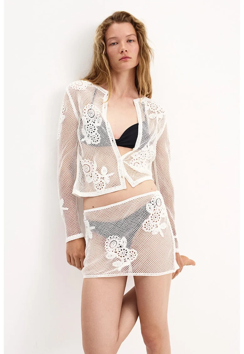 Bluza crosetata cu model floral, Alb