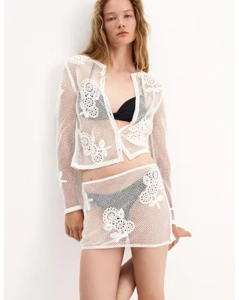 Bluza crosetata cu model floral, Alb