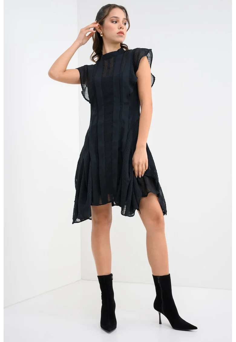 Rochie asimetrica texturata cu volane Fleur, Negru