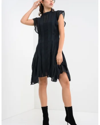 Rochie asimetrica texturata cu volane Fleur, Negru