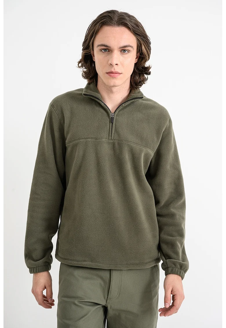 Bluza de trening din material fleece si fermoar scurt, Kaki pal