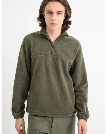 Bluza de trening din material fleece si fermoar scurt, Kaki pal
