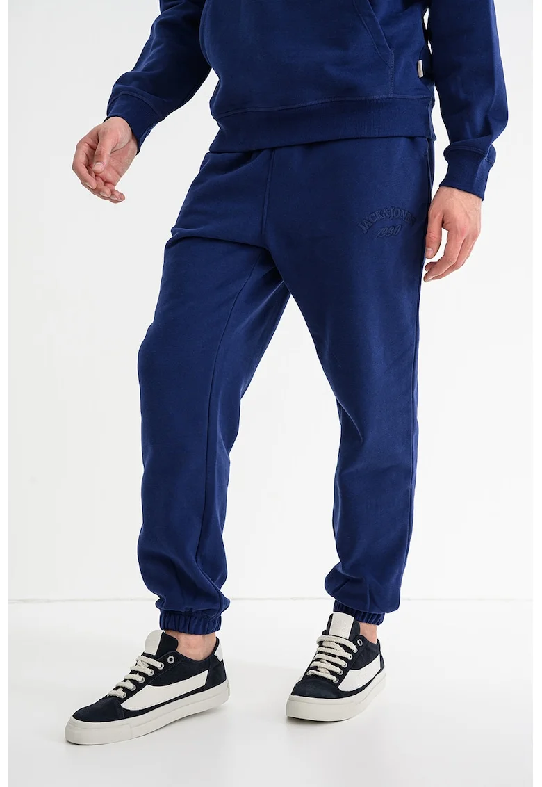 Pantaloni de trening din amestec de bumbac organic cu talie medie si snur de ajustare, Albastru inchis