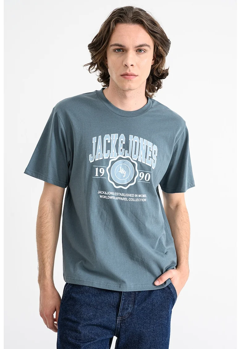Tricou regular fit cu imprimeu logo contrastant Mako, Alb/Gri carbune
