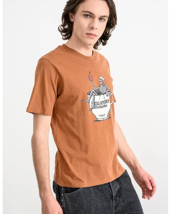 Tricou de bumbac organic cu model cu craniu Holiday, Alb/Negru/Maro scortisoara
