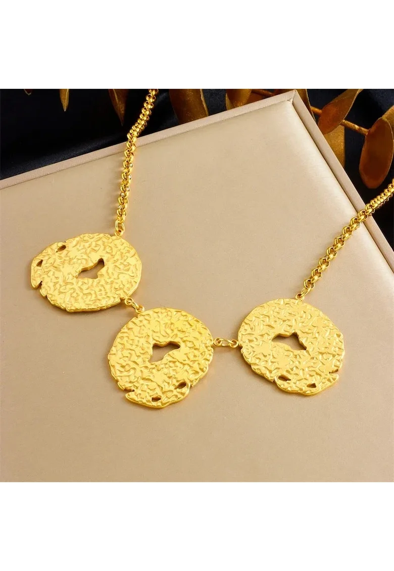 Colier auriu, din otel inoxidabil, suflat cu aur 18k, cu piese ovale, texturate, Roselina C5