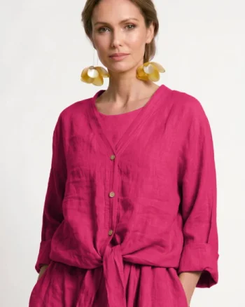 Blazer din in cu croiala lejera si inchidere cu nod, fucsia