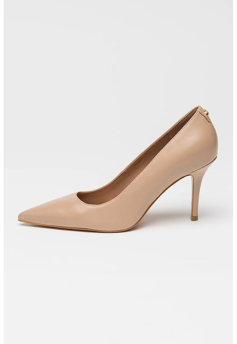 Pantofi de piele cu toc stiletto si aplicatie monograma discreta, Roz prafuit