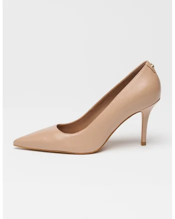Pantofi de piele cu toc stiletto si aplicatie monograma discreta, Roz prafuit