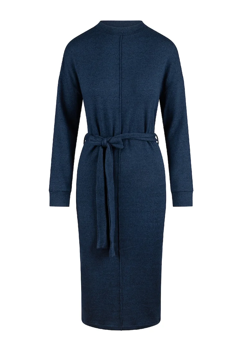 Rochie cu decolteu la baza gatului, model uni si talie medie, Bleumarin