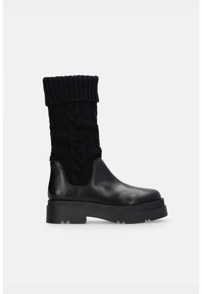 Cizme mid-calf din piele ecologica si tricot, Negru