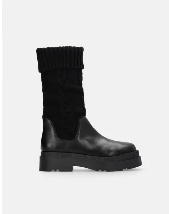 Cizme mid-calf din piele ecologica si tricot, Negru