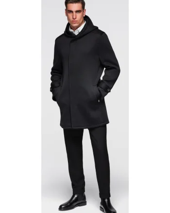 Palton minimalist de lungime medie cu gluga  OM-COLC-0144, Negru