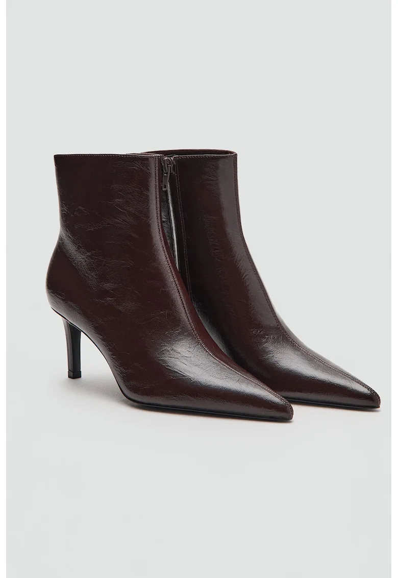 Botine de piele ecologica cu varf ascutit, Maro cognac
