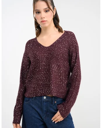 Pulover cu decolteu usor in V si paiete Leilani, Violet tyrian