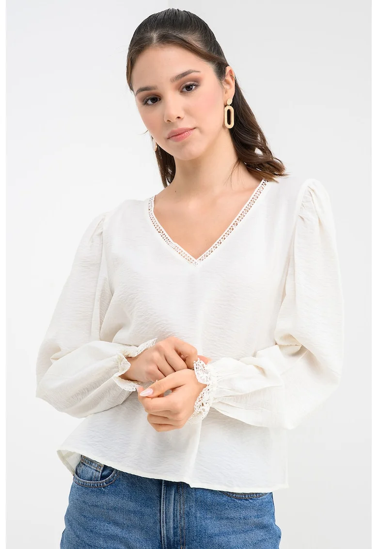 Bluza uni cu decolteu in V, Alb murdar