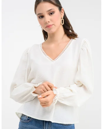 Bluza uni cu decolteu in V, Alb murdar