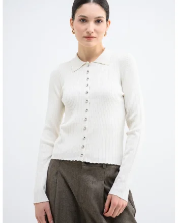 Cardigan cu maneci lungi si nasturi, Alb fildes