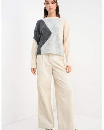 Pulover din amestec de lana cu design colorblock Keisa, Alb fildes/Gri