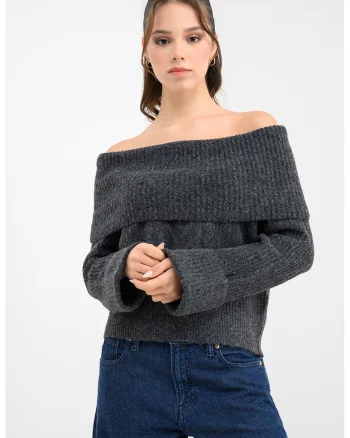 Pulover uni regular fit, Gri inchis melange