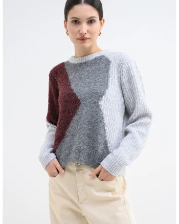 Pulover din amestec de lana cu design colorblock Keisa, Violet tyrian/Gri deschis melange