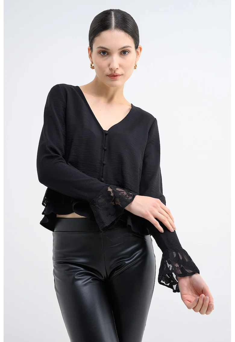 Bluza vaporoasa cu terminatie cu volane Pinja, Negru