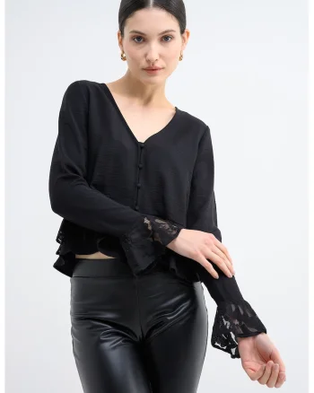 Bluza vaporoasa cu terminatie cu volane Pinja, Negru