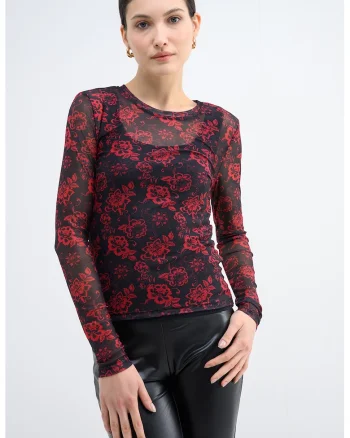 Bluza cu decolteu rotund si imprimeu, Rosu/Negru