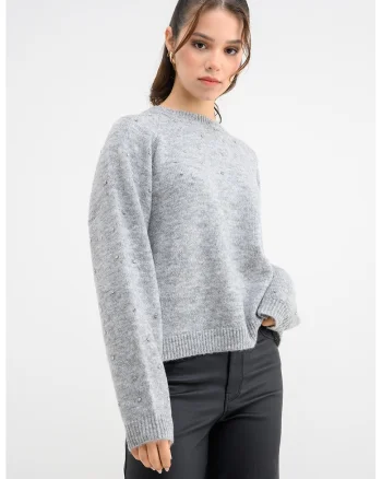Pulover lejer cu strasuri, Gri melange/Argintiu