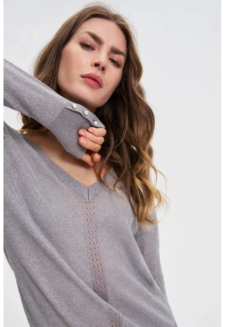 Pulover cu fir metalic gri deschis, Gri