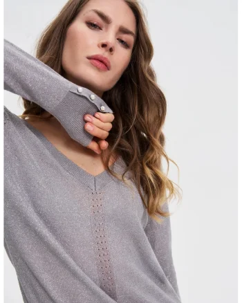 Pulover cu fir metalic gri deschis, Gri