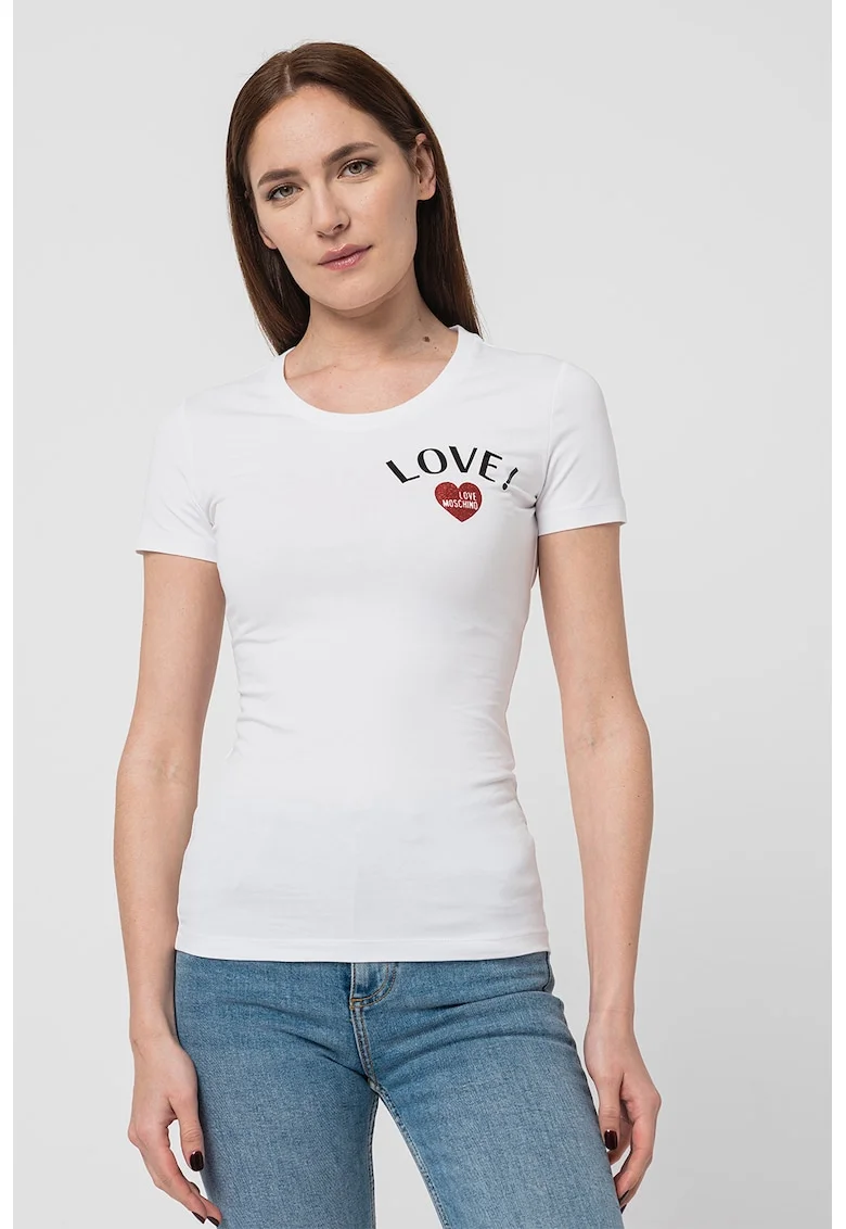 Tricou slim fit cu imprimeu logo, Alb