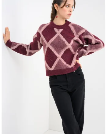 Pulover cu model geometric, Roz/Violet pruna