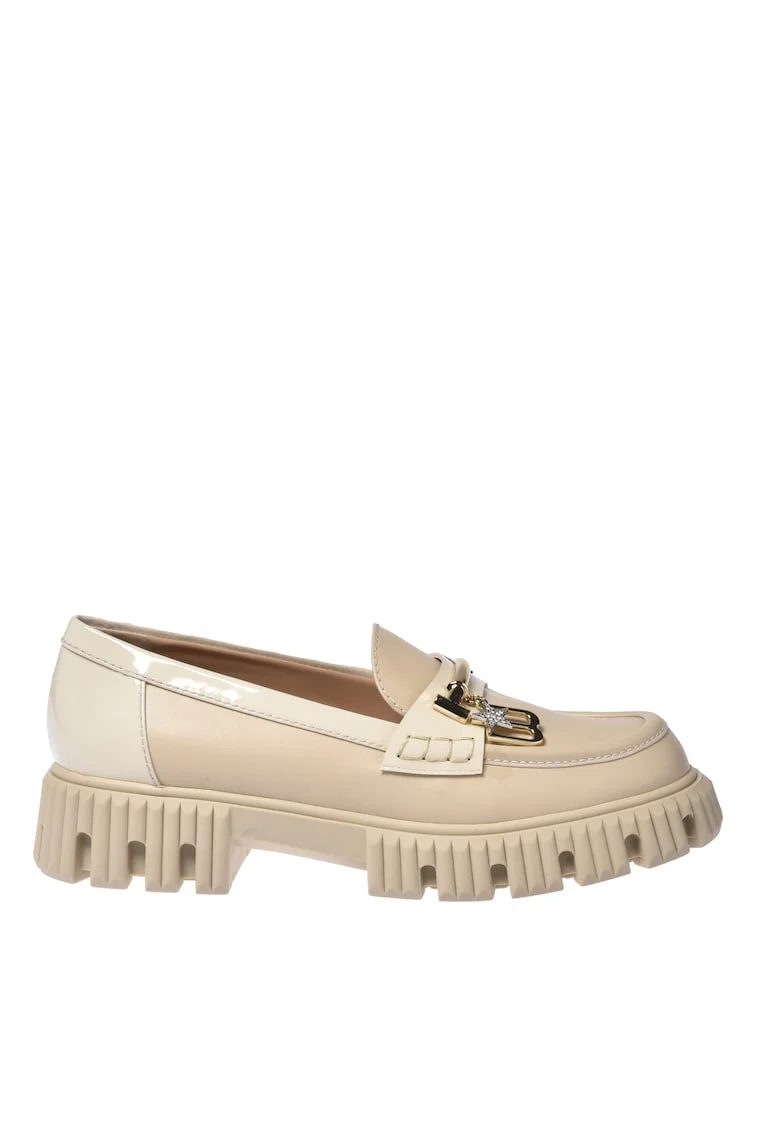 Pantofi loafer din piele cu accesoriu monograma metalica, Alb fildes