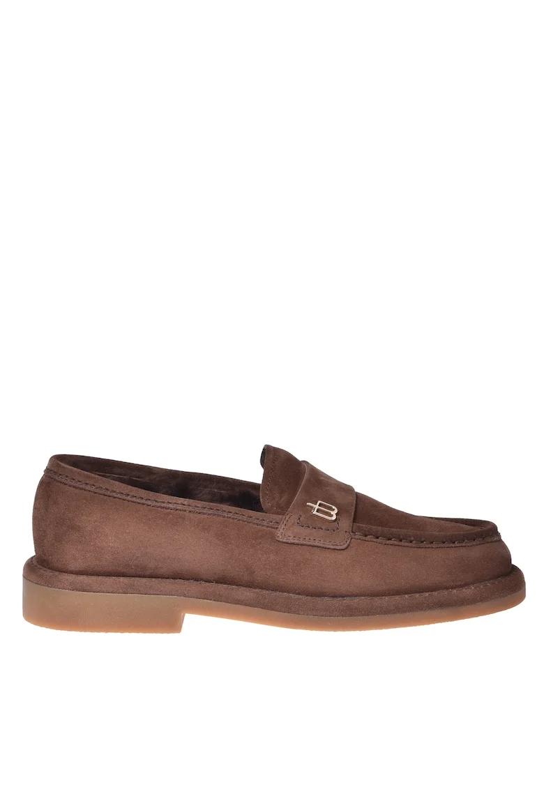 Pantofi loafer din piele intoarsa cu aplicatie monograma metalica, Maro taupe