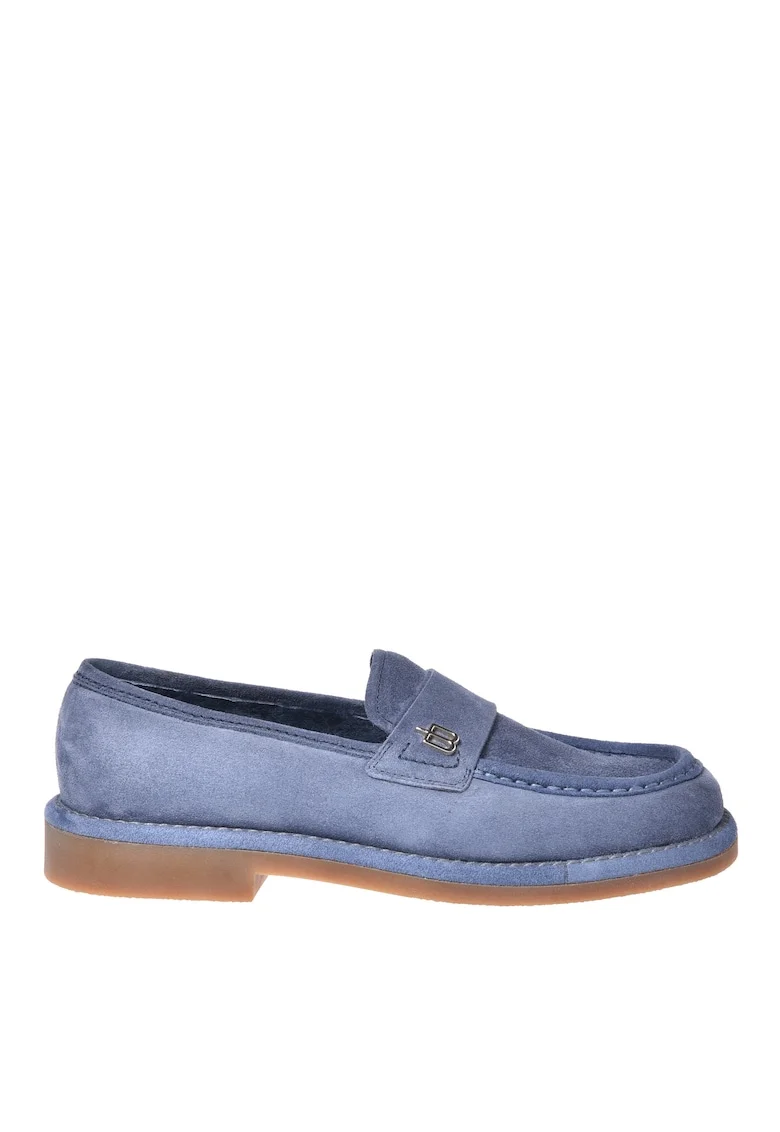 Pantofi loafer din piele intoarsa cu aplicatie monograma metalica, Albastru
