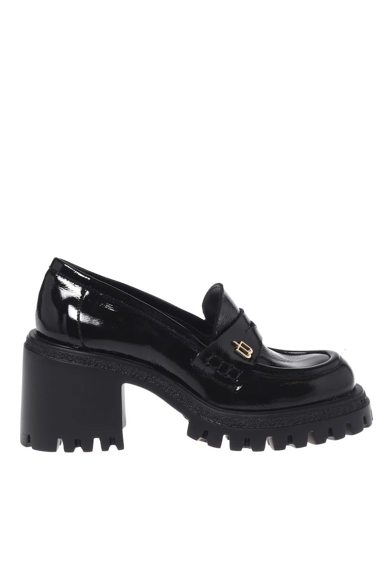 Pantofi loafer din piele lacuita cu toc masiv, Negru