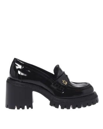 Pantofi loafer din piele lacuita cu toc masiv, Negru