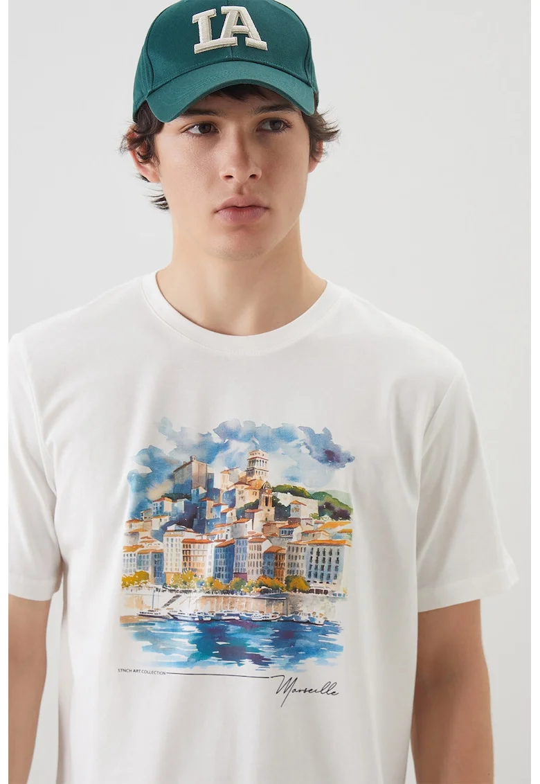 Tricou cu decolteu la baza gatului si imprimeu grafic, Alb optic