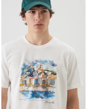 Tricou cu decolteu la baza gatului si imprimeu grafic, Alb optic